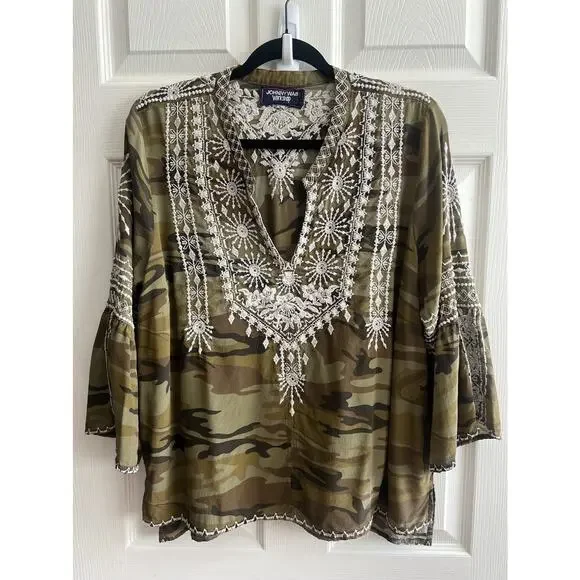 JOHNNY WAS Workshop 100% Silk Ciro Camo Embroidered Flare Sleeve Tunic Blouse - Picture 5 of 15